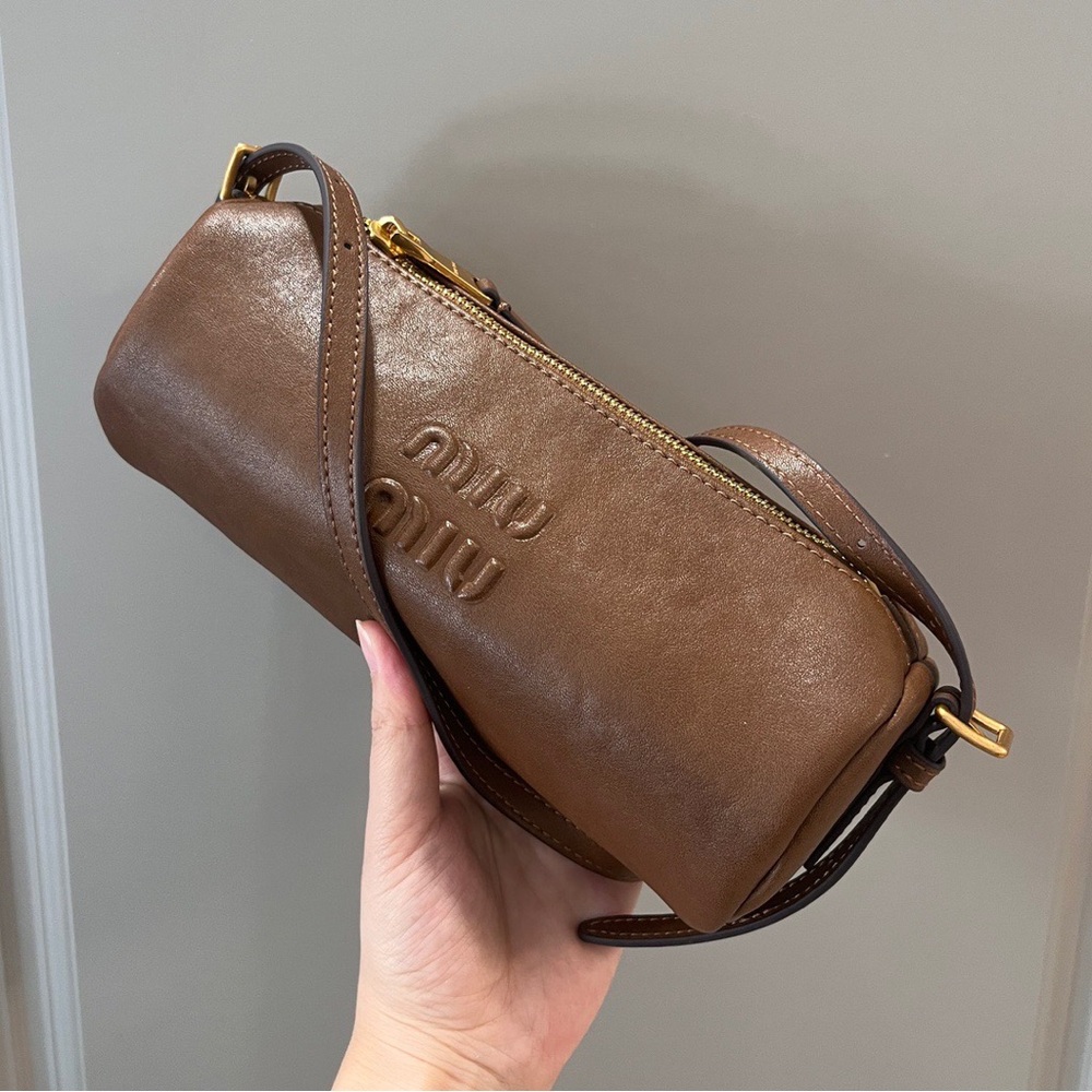 Miu Miu Brown Leather Cylinder Shoulder Bag with Gold Hardware